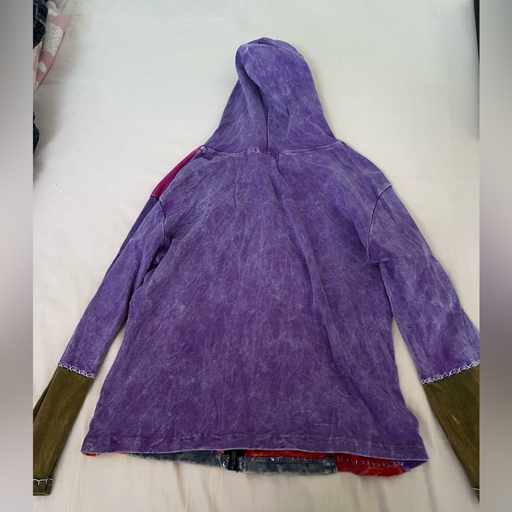 Multi-Color Patchwork Hooded Bomber Jacket - Purp… - image 4